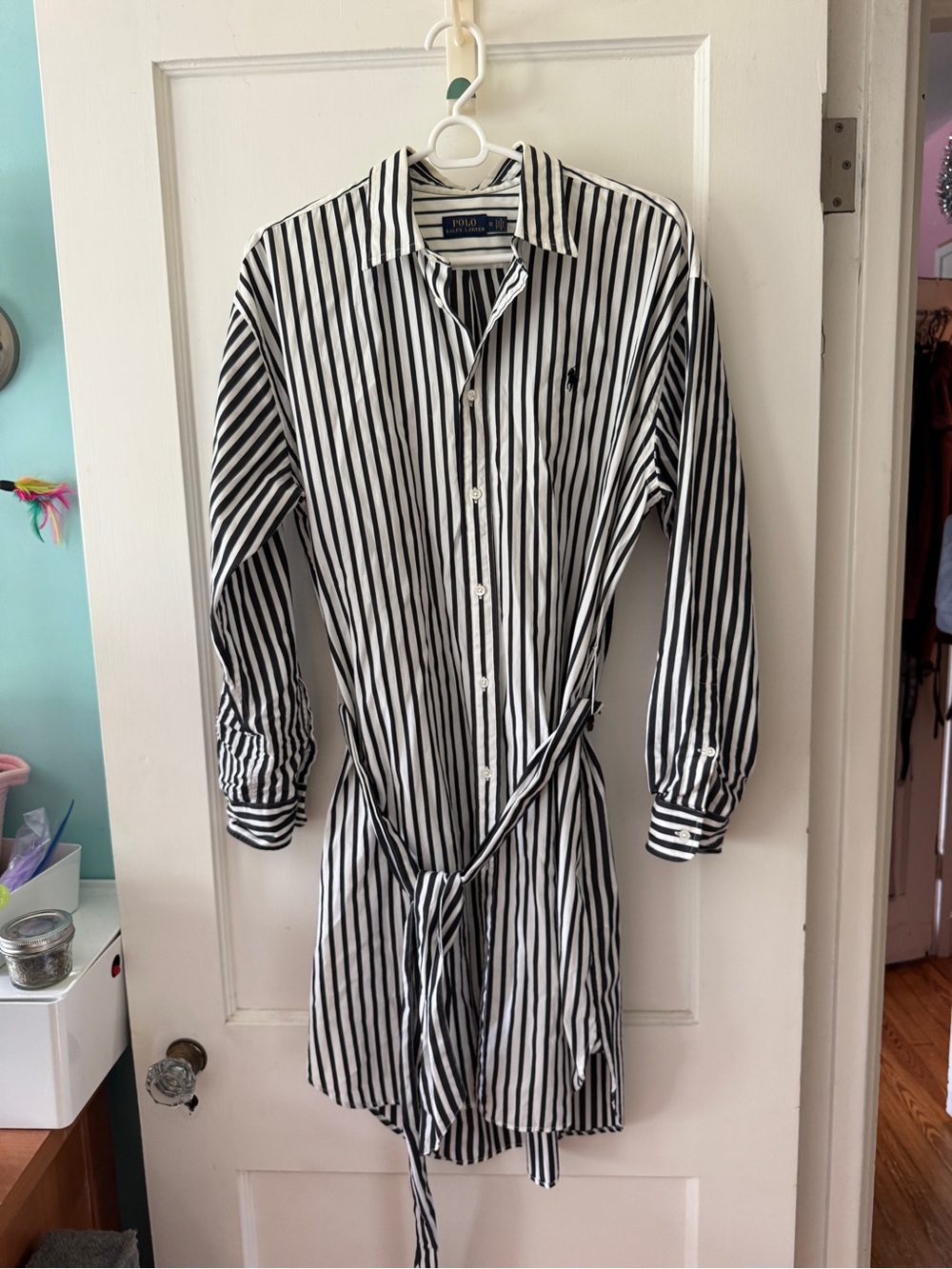 Vintage Ralph Lauren Black and White Vertical Stripe Button-Down Shirt Dress